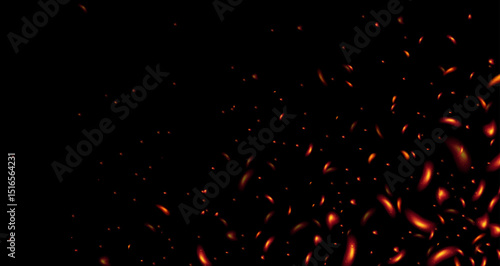 Fire red flying sparks on black background, heat sparkles in the corner, abstract flying flame particles, burning elements Vector illustration.