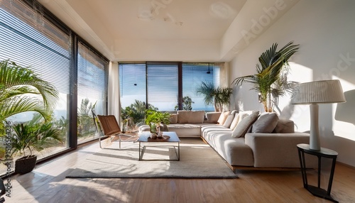 modern living room with solar shades and palm trees