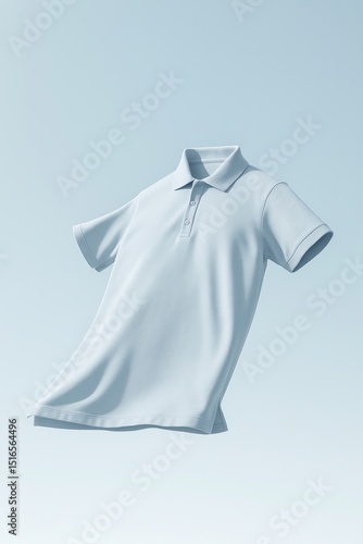 A light pastel blue polo shirt floating in mid-air, detailed with soft cotton texture, short sleeves, and a buttoned collar, captured in minimalistic studio style.