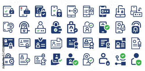 Credentials and Authentication Icons. Vector EPS Featuring Password Key, Shield Lock, Fingerprint Access, and Authorization Symbols for Cybersecurity and App UI