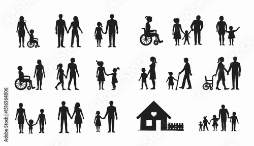 Diverse families and individuals, silhouette vector set including disabled persons and loving home.