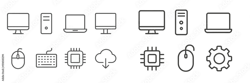 Collection of simple line icons representing various computer hardware and peripherals in a modern design Collection of simple line icons representing various computer hardware and peripherals in a modern design