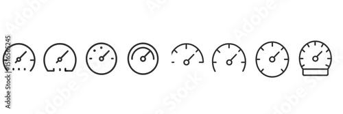 Various speedometer designs illustrate measurements of speed and performance in a minimalist style