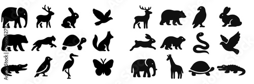 Silhouette collection of various animals including elephants, birds, and reptiles on a simple white background