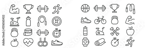 Collection of fitness and health icons representing various sports, exercises, and wellness activities