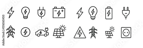Essential icons representing electricity and renewable energy sources for informative design projects