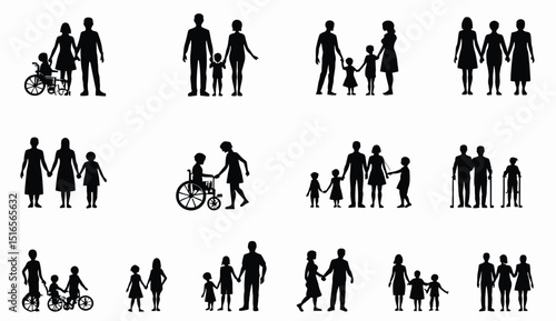 Diverse family silhouettes depicting parents, children, grandparents, disabilities, and same-sex couples on a white background.
