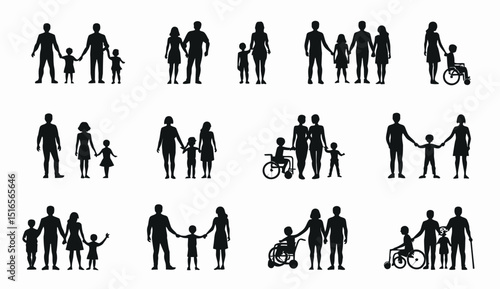 Diverse family silhouettes depicting various family structures, including those with disabilities, on white.