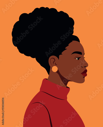 Vector portrait, poster, avatar, illustration African American, black woman, sideways pose. Curly afro hairstyle avatar for social networks