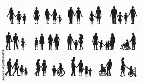 Silhouette Collection: Diverse Families Holding Hands, Including People with Disabilities, on White Background.
