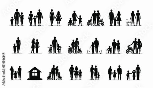 Diverse family silhouettes representing different structures, generations, and abilities in minimalist style.