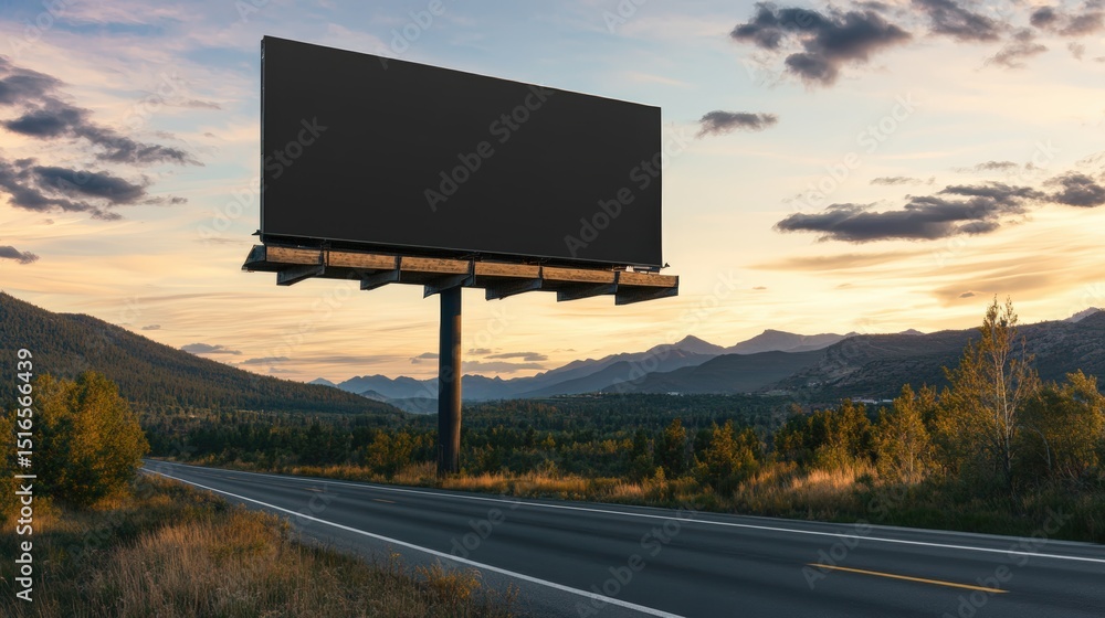 Obraz premium Large blank billboard sign on roadside in scenic mountain landscape du sunset with cloudy sky and natural greenery