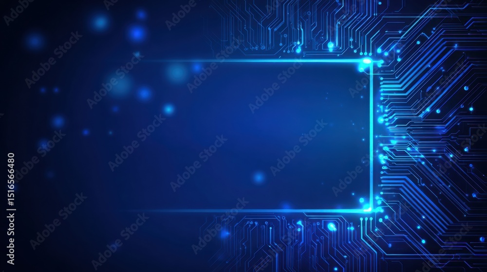 Obraz premium Abstract technology frame made of circuit board wires and glowing microchip elements, deep blue background with digital pulses 