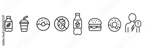 Health and nutrition icons illustrating food choices and their effects on well-being in a modern design style