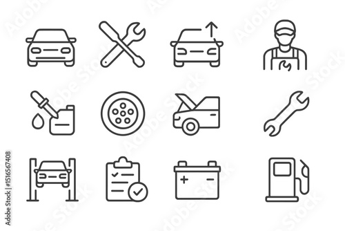 Car maintenance icons representing various services like repair, inspection, and fueling in a clean, simple design