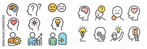 Icons depicting various emotions, thoughts, and human activities representing mental processes and personal development