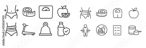 Health and fitness icons representing weight loss, nutrition, and exercise tracking activities with various related symbols