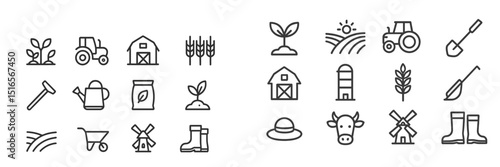 Farm-themed icons depict agricultural activities, tools, and livestock in a simple design for agriculture inspirations