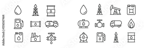 Oil industry icons representing various aspects of extraction, transport, and processing at an industrial site