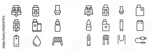 Icon collection of vaping accessories including batteries, liquids, and atomizers showcased on a white surface