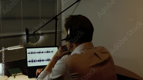 covert operation: a man analyses an audio recordin