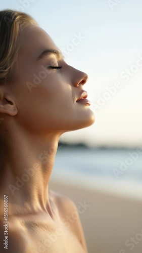 A young woman embraces the calm of a beach at sunset, closing her eyes and taking a deep breath as the sun dips below the horizon, reflecting a peaceful experience.