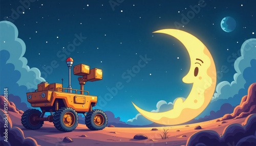 Cartoon rover exploring the moon's surface with a smiling crescent  
