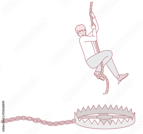 A figure climbs a rope while avoiding a bear trap below, symbolizing lurking dangers in our surroundings