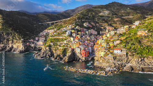 Riomaggiore Village at Sunset, Cinque Terre Coast of Italy. La Spezia, Liguria, Italy