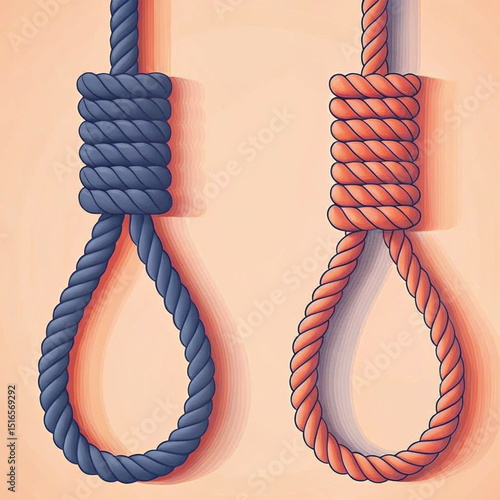 Two different colored ropes tied in noose knots on a light background  