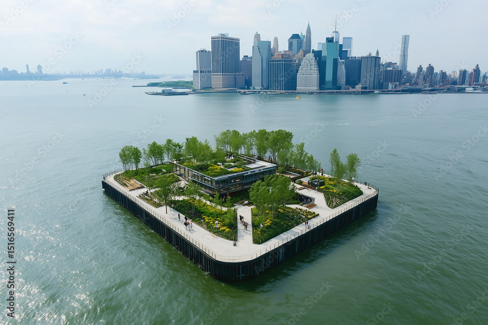 Naklejka premium Aerial View of Urban Park on Floating Island Surrounded by Water