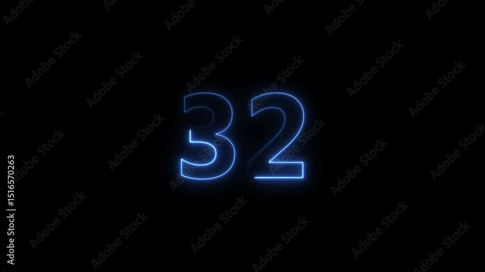 Number 32 neon bright royal blue color animation 4k video. Number 32 neon bright royal blue color animation 4k video.