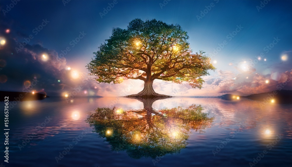 Obraz premium enchanted tree on water with surreal dreamy lights and reflections