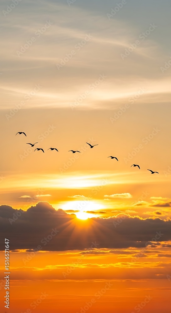 Obraz premium Silhouetted birds flying at sunset over dramatic cloudscape
