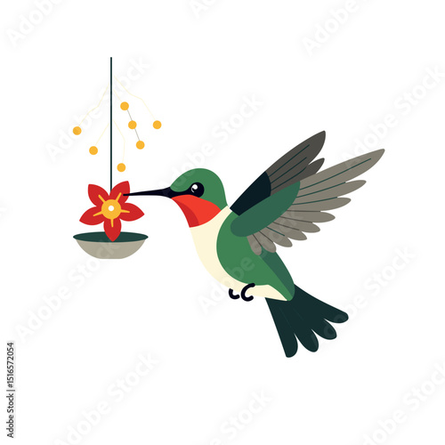 Illustration of a Ruby-Throated Hummingbird Feeding from a Feeder with Red Flower, Vector Graphic
