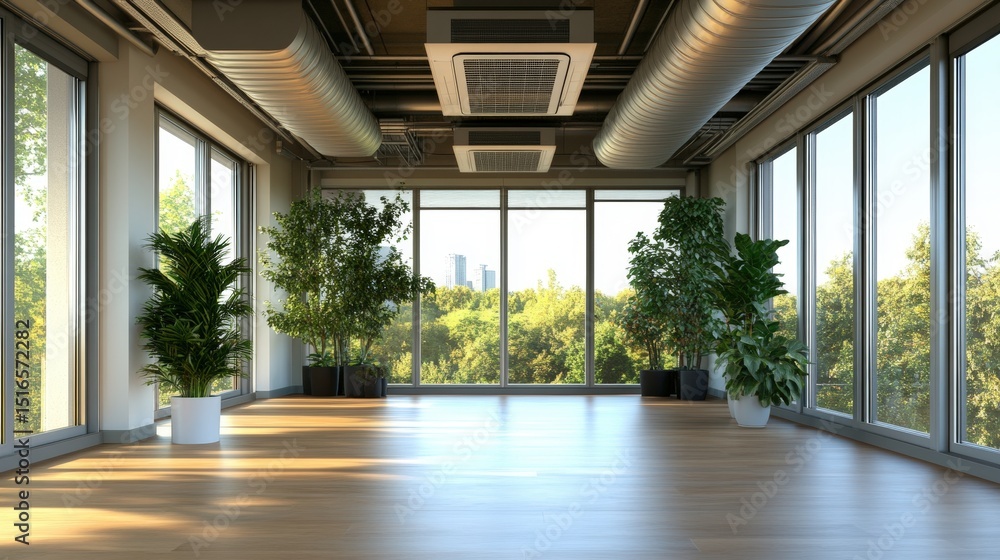 Bright modern office space with large view greenery and indoor plants in spacious room Bright modern office space with large view greenery and indoor plants in spacious room