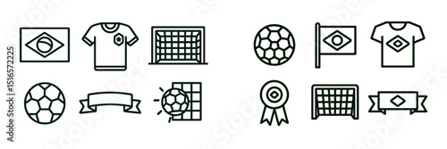 Graphics depicting soccer elements and symbols associated with Brazil's national team, showcasing jerseys, goals, and flags