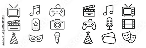 Variety of entertainment icons representing media, music, and performance activities in a simple design