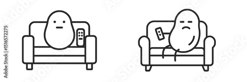 Emotions of relaxation depicted through cartoon characters on couches watching television at home