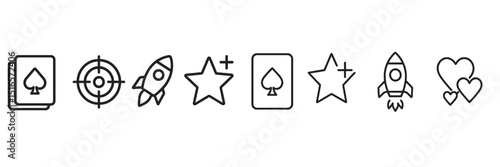 Creative design featuring icons of spades, rockets, targets, stars, and hearts in a playful arrangement on a minimalist background