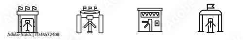 Different types of gates with flags and unique designs at a festival setting in an outdoor area