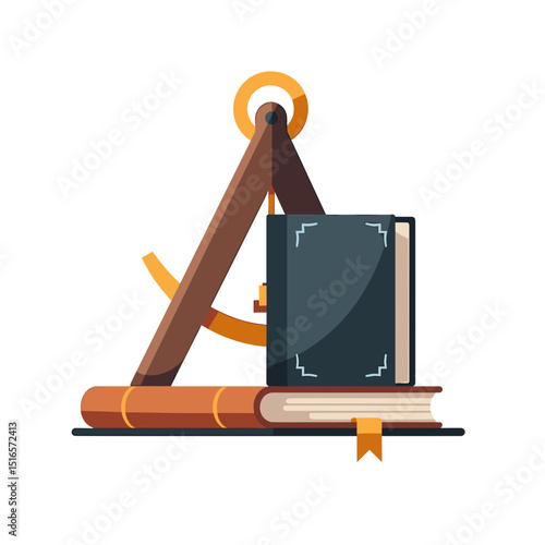Masonic Square and Compasses Symbol with Books Stacked, Flat Vector Illustration for Education and Knowledge