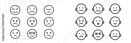 Various facial expressions displayed in simple line art showing emotions and feelings of different characters