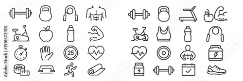 Fitness icons represent various exercises and healthy lifestyle choices in a minimalistic design for fitness enthusiasts and trainers