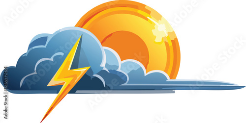 Storm Cloud with Lightning Bolt Aligning the Setting Sun – Dramatic Weather Vector