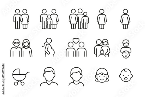 Icons representing various family structures and relationships in a minimalistic style suitable for design work