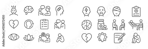 Various icons representing mental health, emotional wellness, and consultations in a clean design