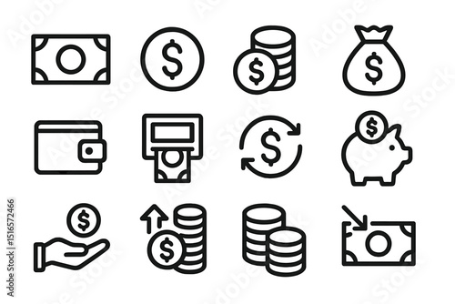 Variety of financial icons representing money, wallets, and transactions in a simple design