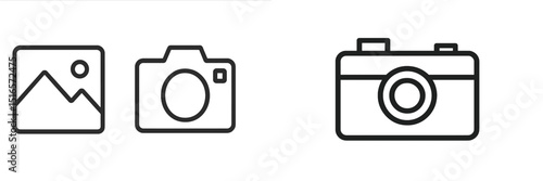 Various simplistic icons representing landscape and camera designs displayed on a light background
