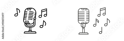 Microphones with musical notes representing sound and vocal performance in artistic style